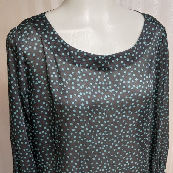 LOFT Shear Long Sleeve Blouse Gray Blue Spots Boat Neck Top M - Picture 3 of 10